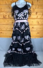 CLEARANCE Maya Deluxe Womens Tiered Dress Size 8 Black Pink Floral Embroidered