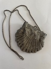La Regale Vintage Silver Beaded Clam Shell Evening Purse, Flapper Clutch