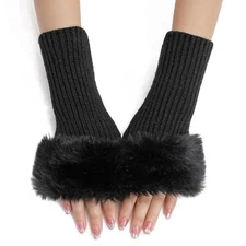 2 Pairs Furry Gloves Fingerless Thumb Hole Gloves Knit Arm Warmers Wrist Black