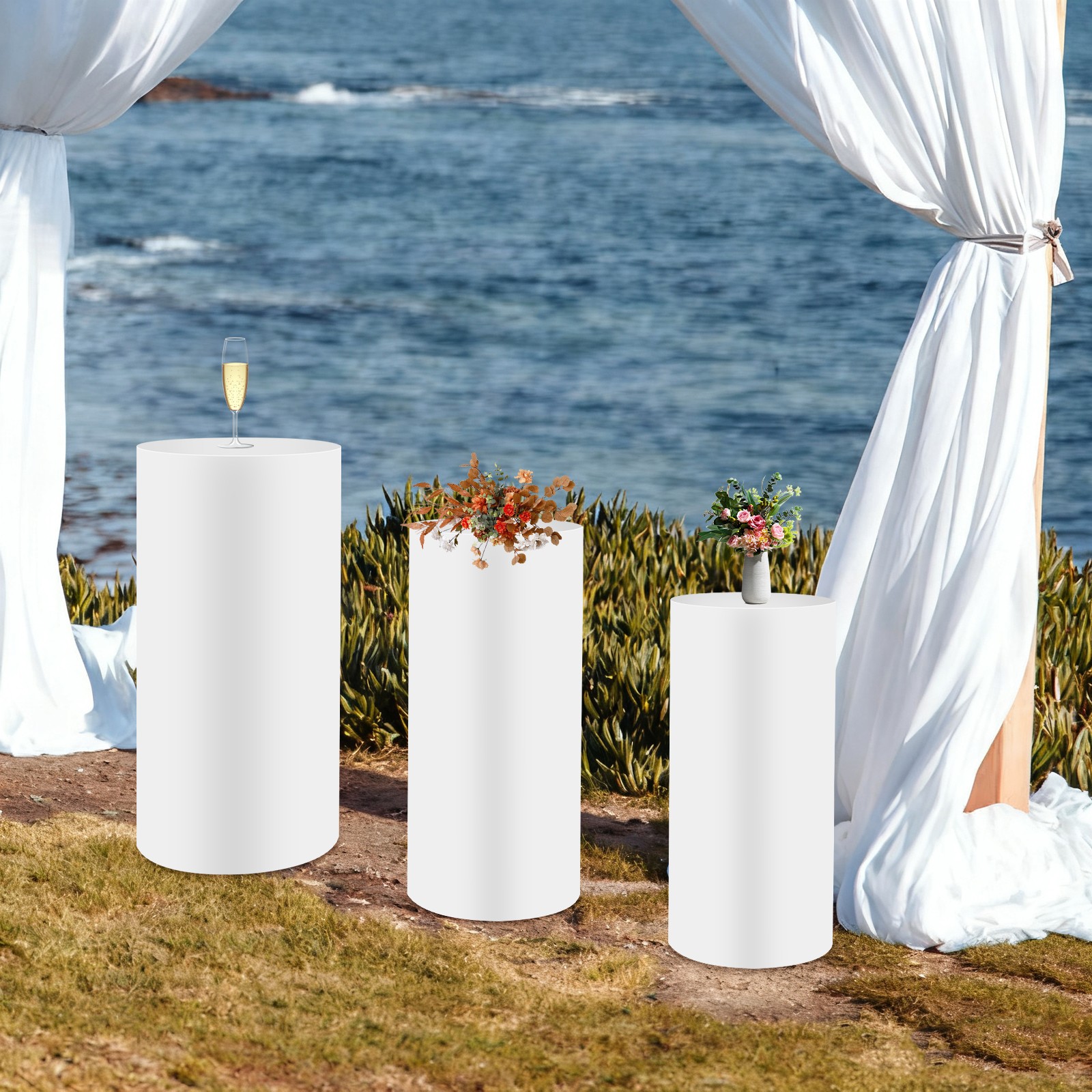 3*Cylinder Pedestal Stands Metal Display Pedestal Stands White for Wedding Decor