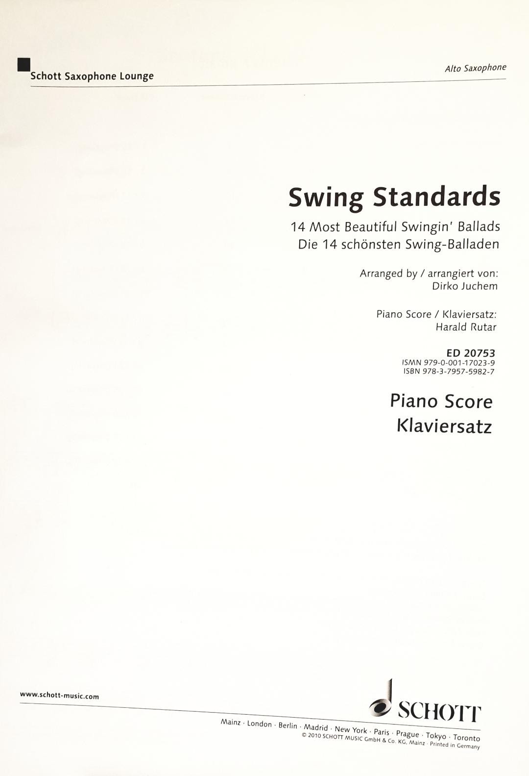 Swing Standards Schott Alto Saxophone - PIANO SCORE ONLY - 14 Beautiful Book S8