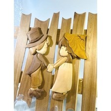 Intarsia Hand crafted 3D Wooden Wall Art Of Boy  Girl Holding Hands Kids Decor