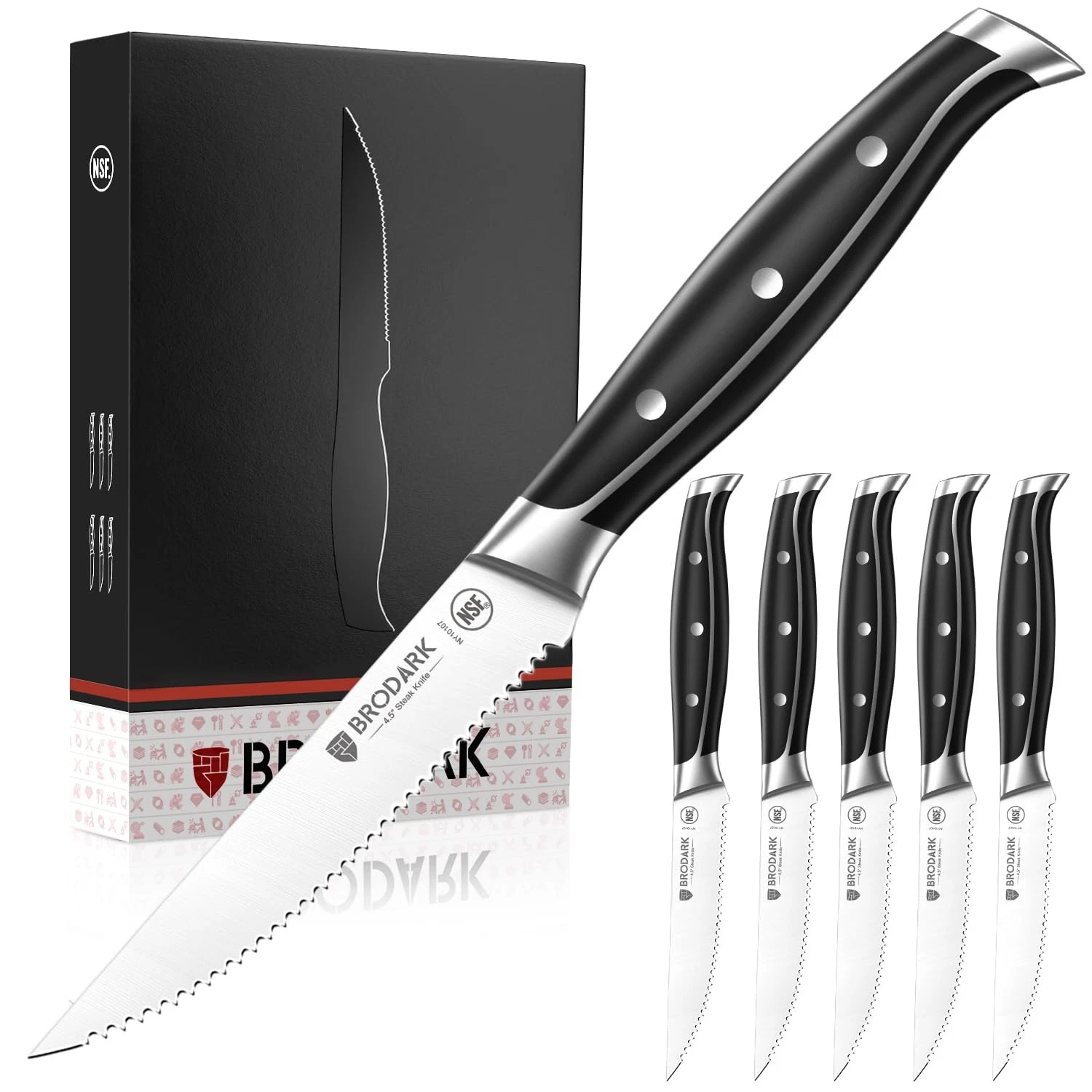 Steak Knives Set of 6: 4.5 Inch Serrated Steak Knives with Full Tang Handle -...
