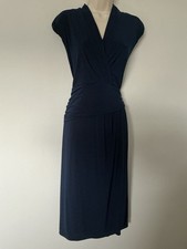 Roman Size 18 Navy Blue Midi Dress Crossover Bust Wide Waistband Stretch VGC