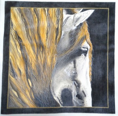 Hand Painted Needlepoint Canvas ''White Horse Golden Mane'' artist signed Deorhman