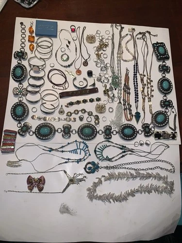 4lbs Southwestern Navajo Turquoise Costume Jewelry Estate Lot W/ Sterling Silver
