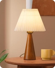 13.58" Small Table Lamp, Wooden Base Nightstand Lamp, White Pleated Lampshade...