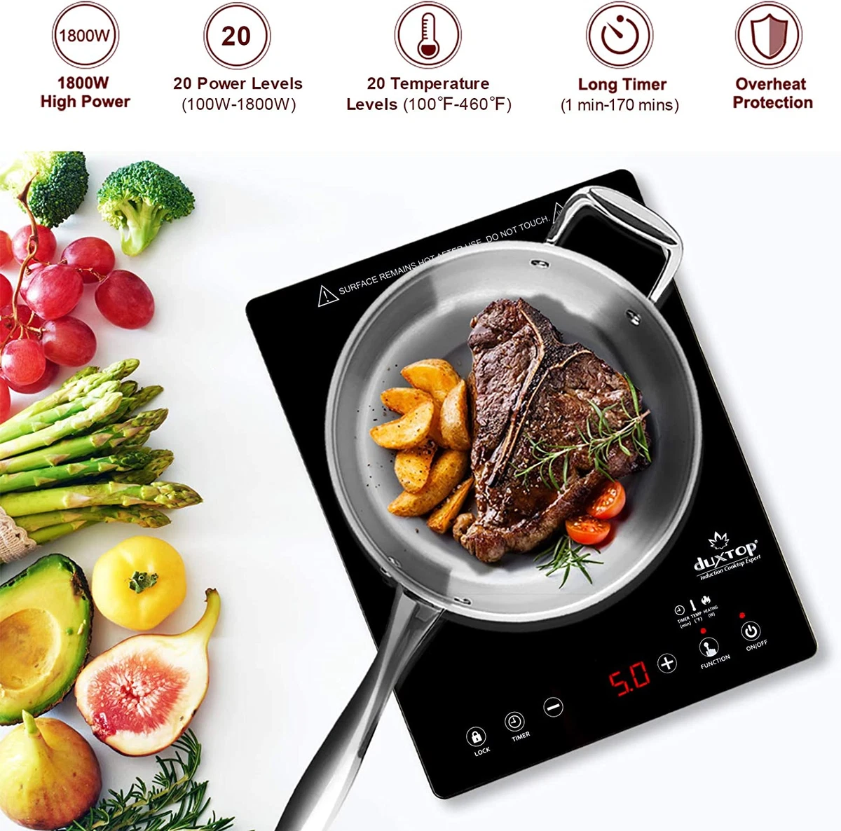 Duxtop Portable Induction Cooktop, High End Full Glass Induction Burner  with Sensor Touch, 1800W Countertop Burner with Stainless Steel Housing