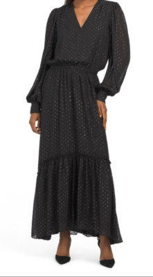 $545 NWT RAMY BROOK SzM RORA V-NECK LONG SLEEVE METALLIC CLIP DOT DRESS BLACK