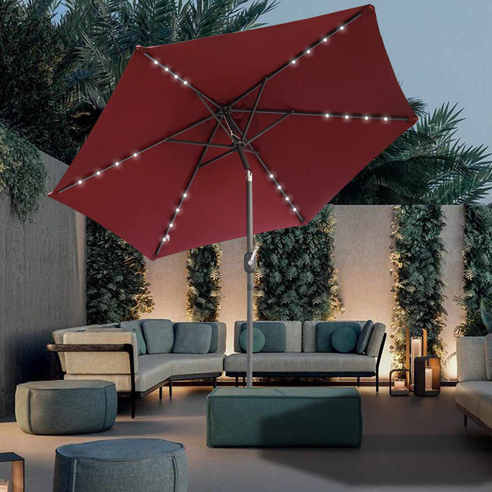 2.5M Garden Sun Shade Parasol Solar LED lights Umbrella Crank Tilt Wine Red