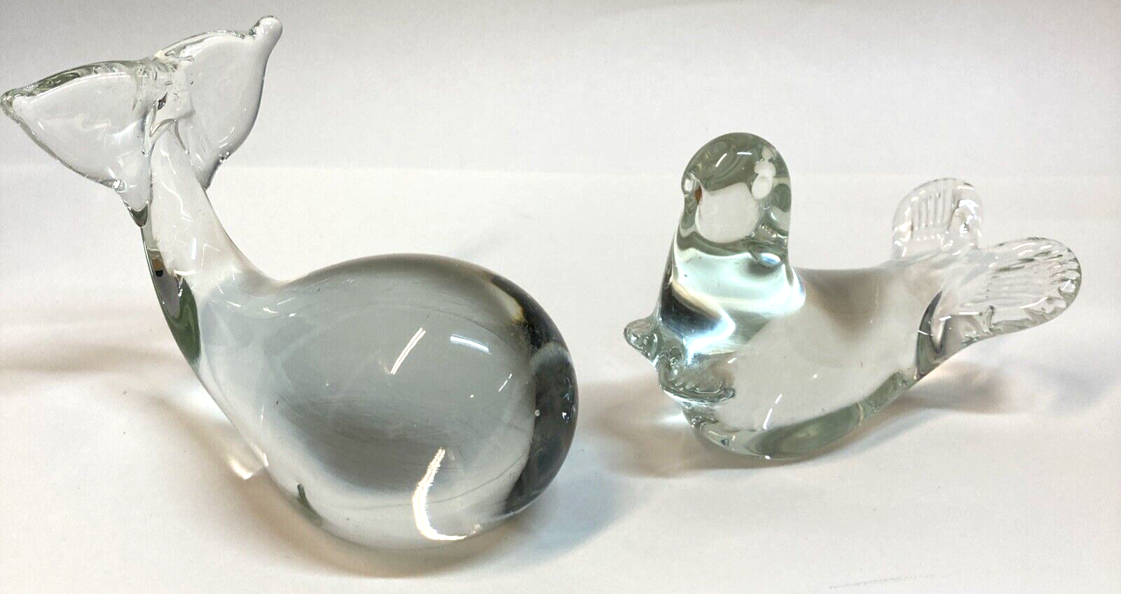 Art Glass Whale and Seal Clear Glass Paperweight Figurines