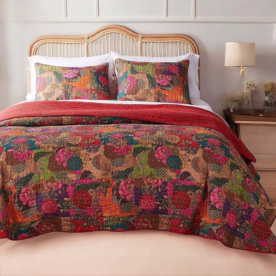 NEW Anthro Red Floral Boho Queen Quilt Stitch Bedspread Bedding Sham Set - Image 3 of 4