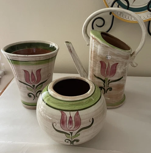 ~RARE~ Stangl Set/3 ~PINK TULIP~ Pottery WATER PITCHER, VASE & BOWL ~TERRA ROSE~