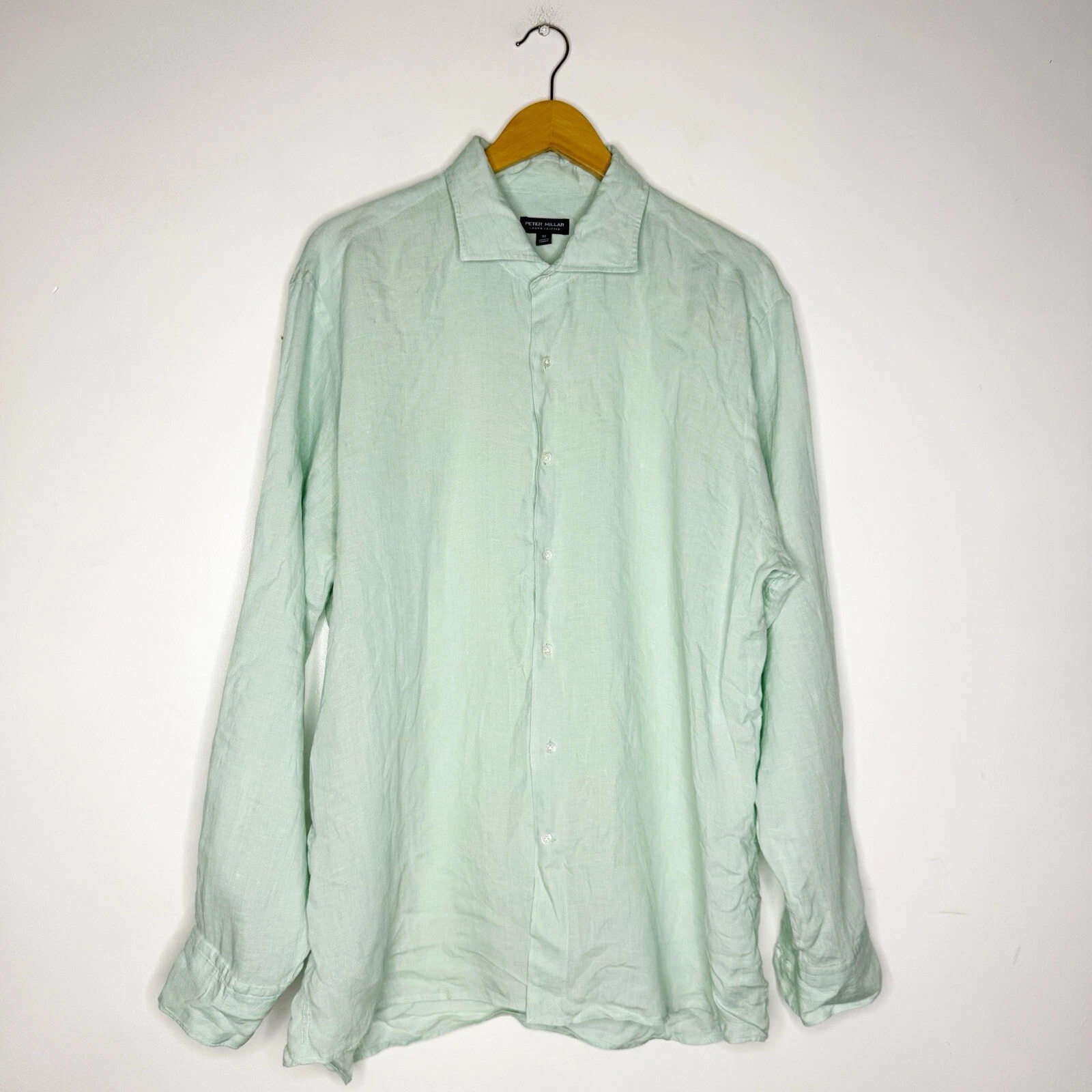 Peter Millar Green Long Sleeve Men’s Button Down Linen Shirt Size XL