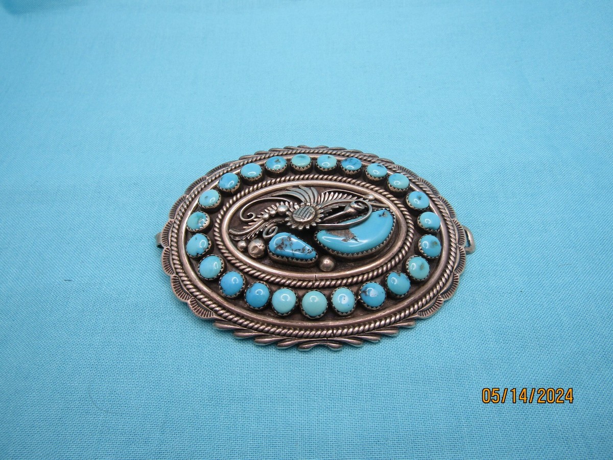Vtg Large Sterling Silver Turquoise, Belt Buckle “Ernest C. Lister