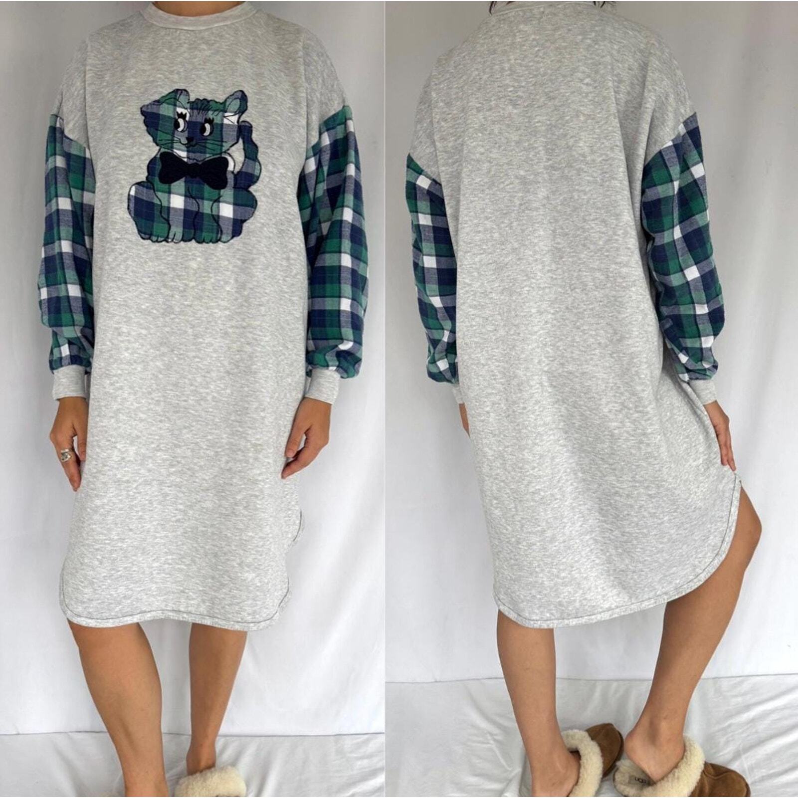 90s vintage plaid flannel cute kitten cat long sleeved pajama fleece sleep dress