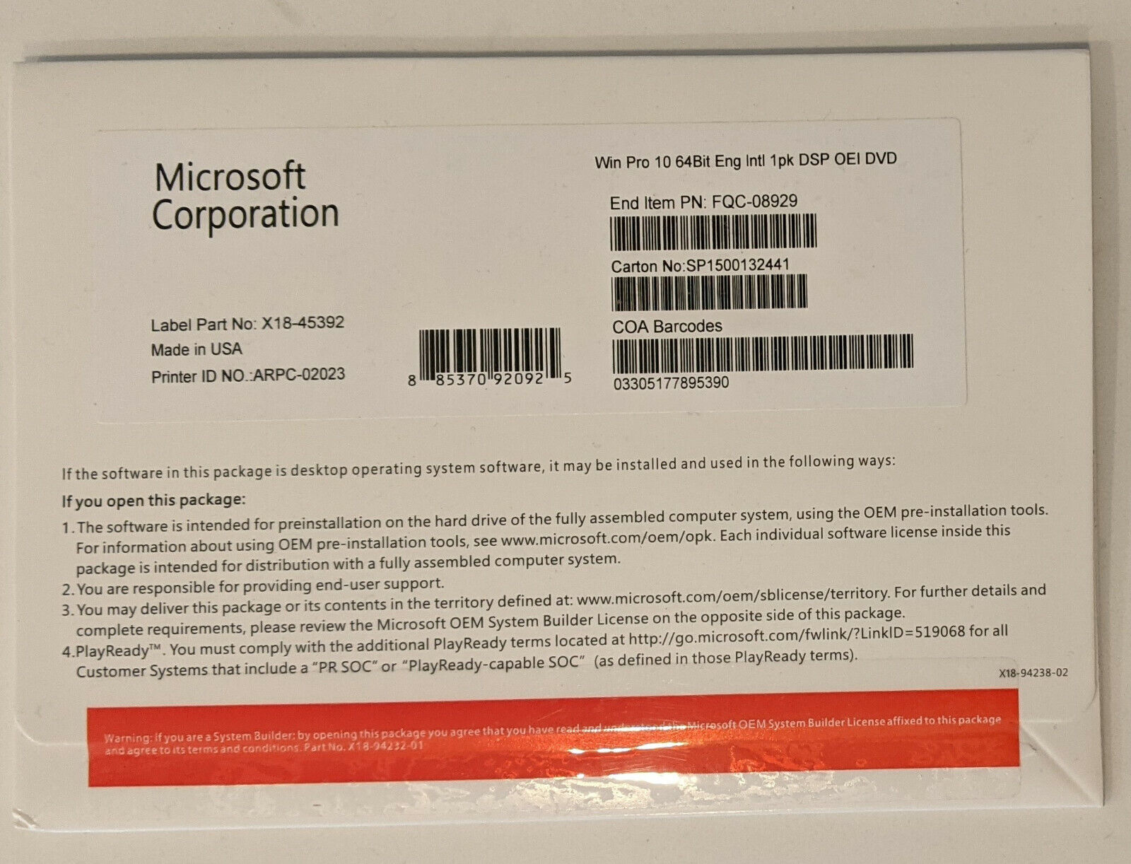 Microsoft Windows Win 10 Professional English 64bit DVD free ship - new