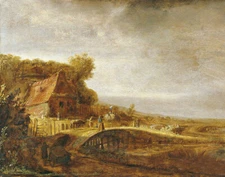Oil painting govert teunisz flinck - Landscape with farm and a bridge autumn art
