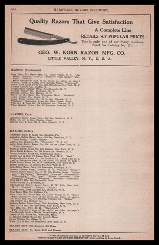 1922 George W. Korn Razor Mfg Co. Little Valley New York Safety Razors Print Ad