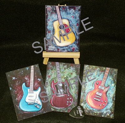Guitar Prints, Pop Art, Gibson, Fender Strat, Acoustic Set of 4, w/ Easel Set #1
