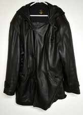 Trussardi Black Leather Hooded Ladies Coat Jacket Size 52 Made In Italy