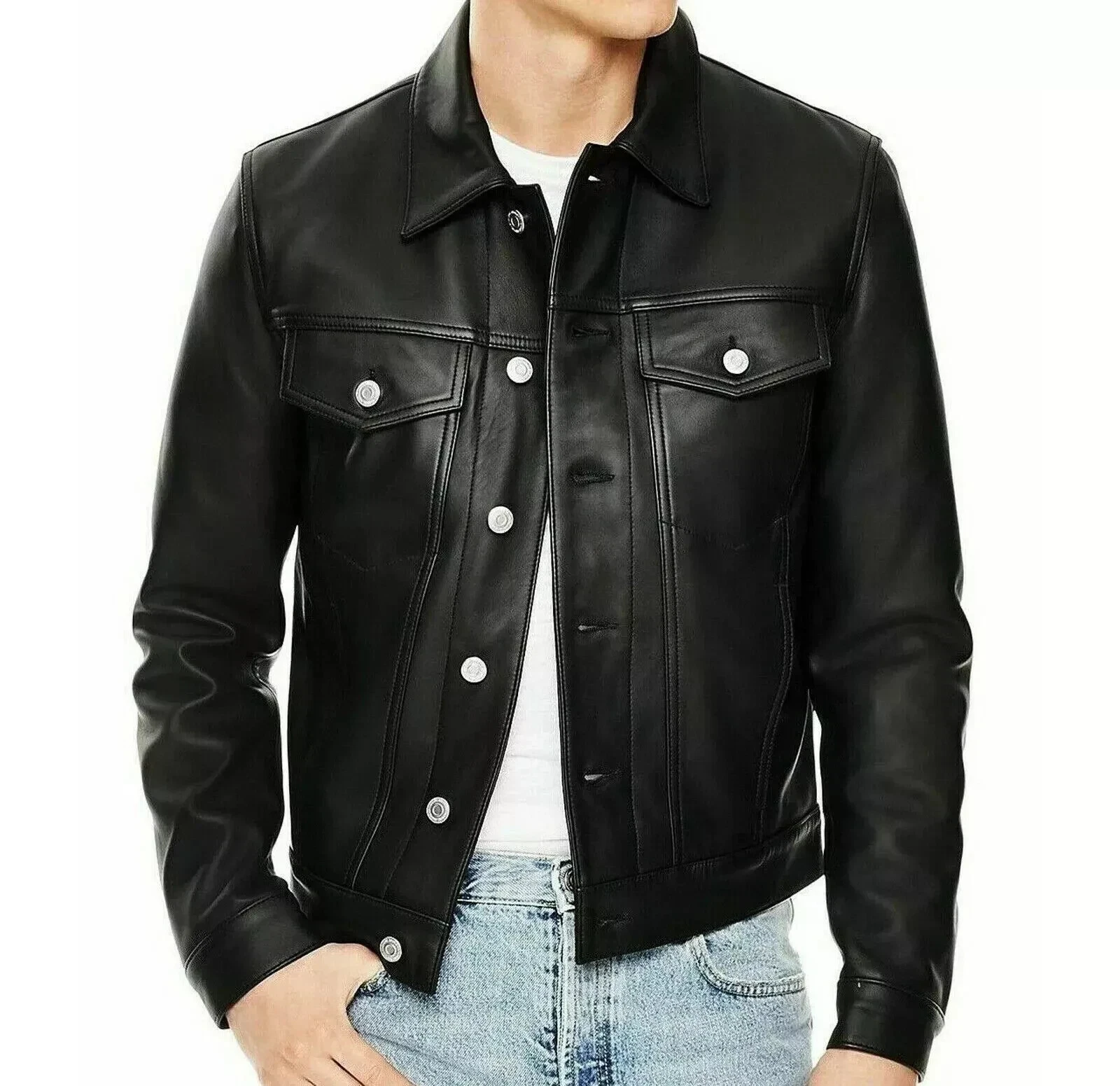 Men's Genuine Lambskin Leather Trucker Jacket Black Denim Style Vintage Jacket
Opens in a new window
