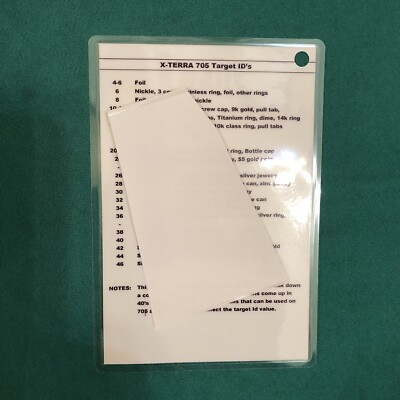 X-TERRA 705 VID CODES List Metal Detector laminated TID