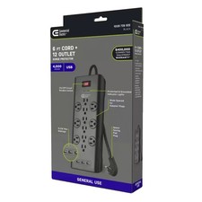 Surge Protector 12-Outlet Power Strip, 4000J, 3 USB 3.1A , Flat Plug, 6ft Cord
