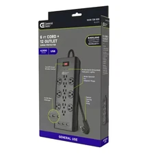 Surge Protector 12-Outlet Power Strip, 4000J, 3 USB (3.1A), Flat Plug, 6ft Cord