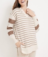 Maurices Sweatshirt Cream Brown Stripe V-neck Hooded Oversized Medium Women s