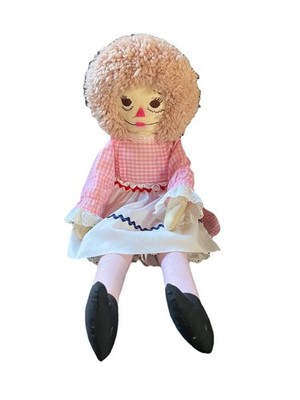 Vintage Raggedy Ann Type Doll 1970s Fabric Dress 24'' Embroidered Face Authentic