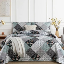 Floral Plaid Patchwork Quilt Set King Size 3 Pieces Blue Gray Bedspread Set R...