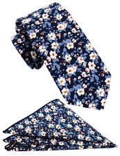 Men's Casual Skinny Floral Tie Combo Set Flower Pocket Square 2 inch Cotton