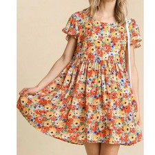 Umgee Womens Small Floral Babydoll Dress Flutter Sleeve Metallic K5429 Multi