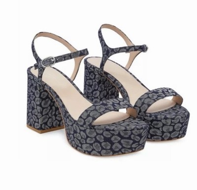 Stuart Weitzman Dancer Mid Block Platform Blue Leopard Heel Sandal Nice!