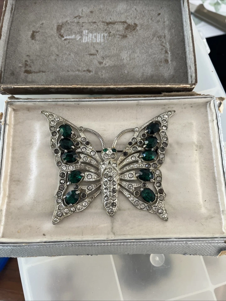 Hermoso broche mariposa grande vintage Art Deco pedrería verde