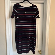 Talbots Petite Medium Blue Red White Striped Dress Short Sleeve Cotton 4 July