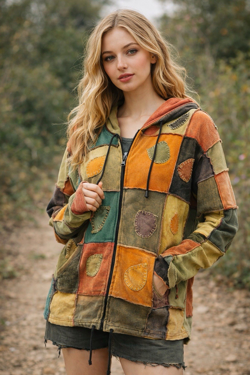 Unbranded Patchwork Boho Hoodie Jacket Cotton Fes… - image 3