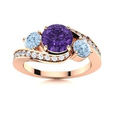 5MM Round Amethyst  Aquamarine 925 Silver Rose Plated Three Stone Women Ring