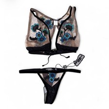 NWT For Love Lemons Skivvies Embroidered Mesh Bralette Thong Set XS Floral