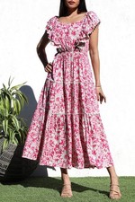 Dress Day- Relaxed Pink Floral Midi Dress - , Boho Tiered Summer Dress