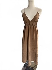 Zara Brown Plunge Midi Slip Dress with Open Back