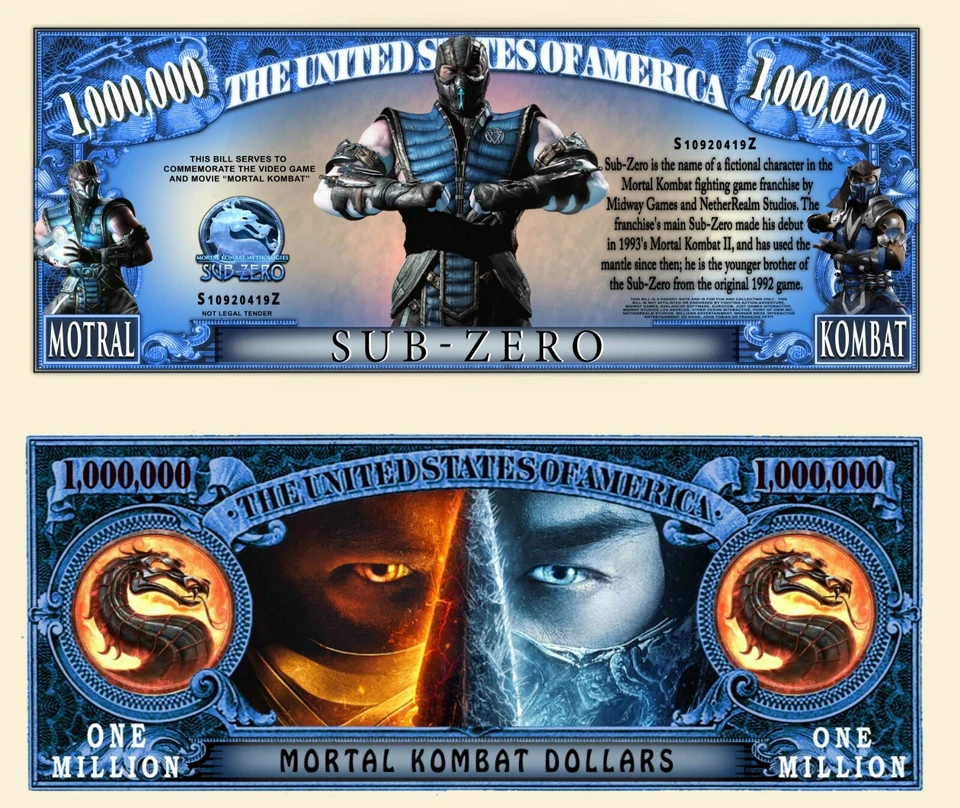 MORTAL KOMBAT SUB-ZERO ! BILLET MILLION DOLLAR US! MK Jeu Video Film Noob Saibot