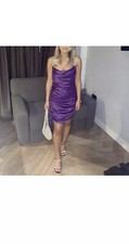 ZARA PURPLE DRAPED SATIN RUCHED DRESS WITH CHAIN STRAPS SIZE S BNWT