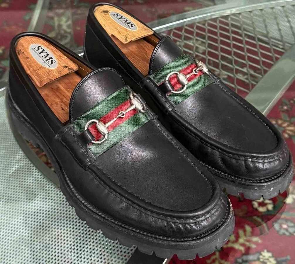 Mocassins en cuir Gucci Web Horsebit semelle à pattes chaussures États Unis 9,5 D #496246 Royaume Uni 8,5