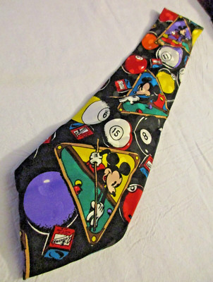Mickey Inc Disney Mickey Mouse Playing Billiards/Pool Novelty 100% Silk Necktie