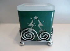 Vtg GREEN GLASS TREE CUTOUT VOTIVE Christmas Candle Holder Chrome Base Square 