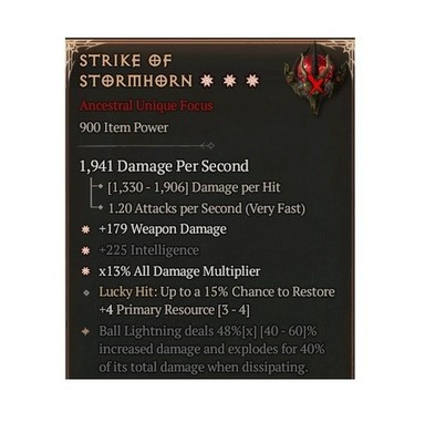 Diablo 4 Eternal Strike Of Stormhorn 3GA 48% Unique Focus Offhand Gear Equipment