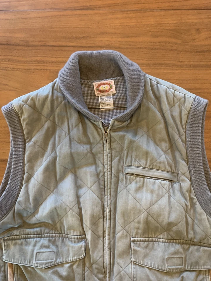 Vintage 80s Banana Republic Safari Vest Mens M Quilted Leather Trim Gray Faded - Image 2 of 4