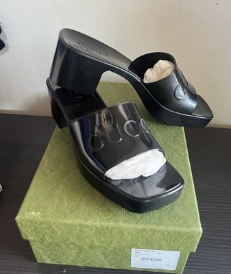 GUCCI BLACK Rubber Logo Platform Block Heel Slide Sandal 9 US/39 EU $450*NIB